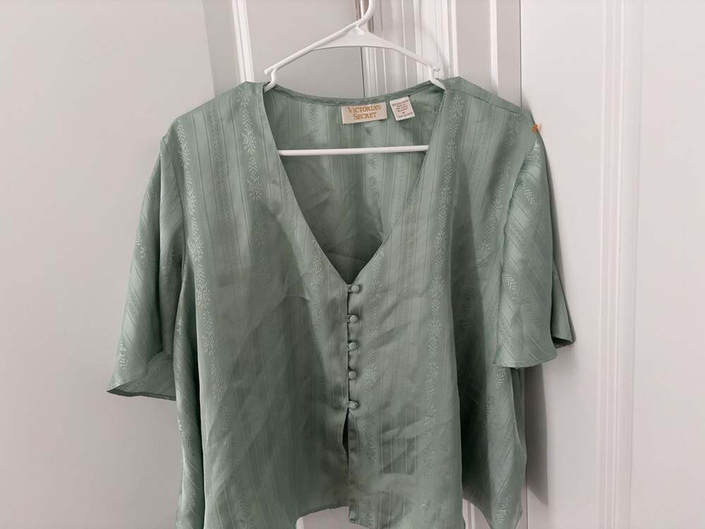 Vintage Victoria's Secret Sage Green Satin Floral Stripe Button Blouse SZ M